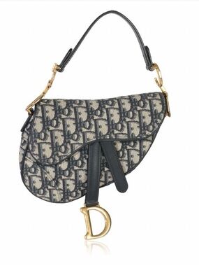 Dior Blue Beige Oblique Saddle Shoulder Bag with Gold 'D' Charm